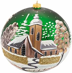 Hand Blown Glass Christmas Ornaments Ball, Chapel Green 8 in + Stand