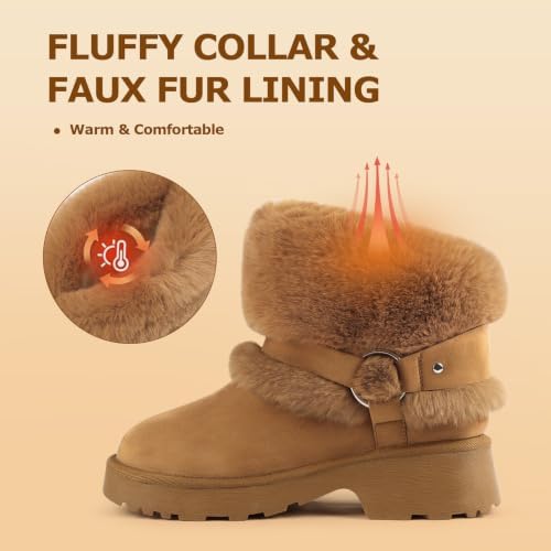 Furry Winter Boots for Women Block Heels Platform Buckle Slip On