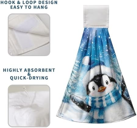 Winter Penguin Blue Kitchen Hanging Towels Set of 2 Cute Snowman Snowflakes Christmas Hand Towels with Hanging Loop Tea Bar Dish Cloths Dry Towel Soft Absorbent Fingertip Bath Tie Towel for Bathroom