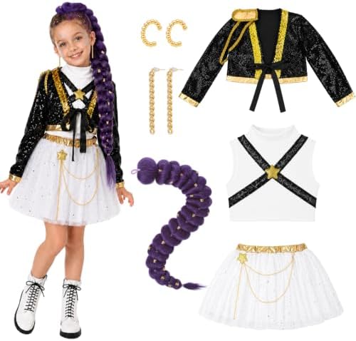 Girls Halloween Costume, Pop Singer Costume, Sequin Jackets Skirts with Purple Braid for Birthday Party, 4-12 Years
