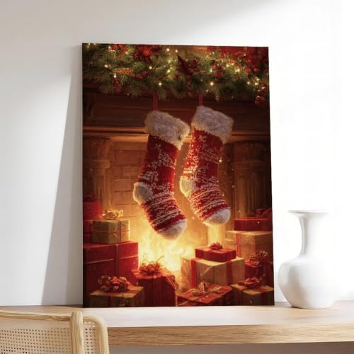 JDBeehpy Christmas Red Knit Stockings Fireplace Wall Art Framed 8x12inch