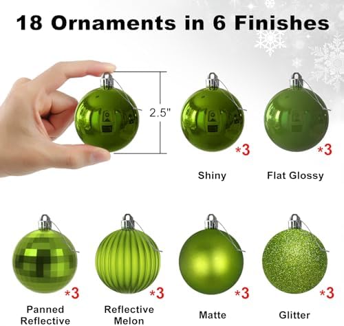 Lime Green 2.5" Christmas Balls Christmas Tree Decoration Ornaments Shatterproof Hanging Balls for Birthday St. Patrick's Day Easter Mardi Gras Holiday Wedding Decorations Set of 18pcs