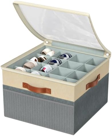 Shoe Organizer for Closet, 2 Pack Foldable Shoe Storage Organizer Box Bin with Adjustable Dividers and Clear Cover, Fits up to 16-32 Pairs（Grey&Beige）