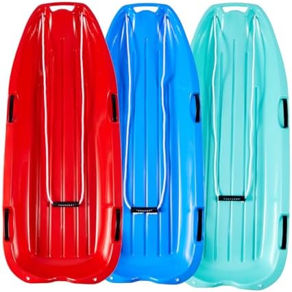 Toboggan Snow Sled for Adults, 48in Plastic Sleds with Pull Rope and 4 Handles, Outdoor Plastic Snow Sled for Kids and Adults