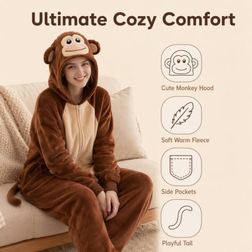 Snug Fit Unisex Adult Onesie Pajamas, Flannel Cosplay Animal One Piece Halloween Costume Sleepwear Homewear