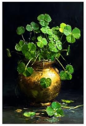 JDBeehpy Irish Clover Painting Green Festival (Unframed, Canvas Only) Mural Modern Minimalist Gold Jar St. Patrick Classic Holiday Gift Home Living Room Picture Decoration 08x12inch(20x30cm)