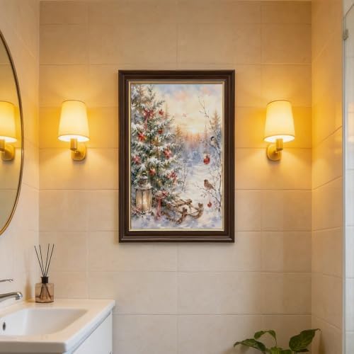 Snowy Christmas Tree Canvas Wall Art Wood Grain with Gold Edge Frame Sled
