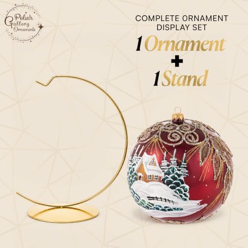 Hand Blown Glass Christmas Ornaments Ball, Chapel Cranberry 8 in + Stand