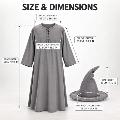 Gray Wizard Costume Men - 6Pcs Medieval Warlock Sorcerer Robe Set for Halloween