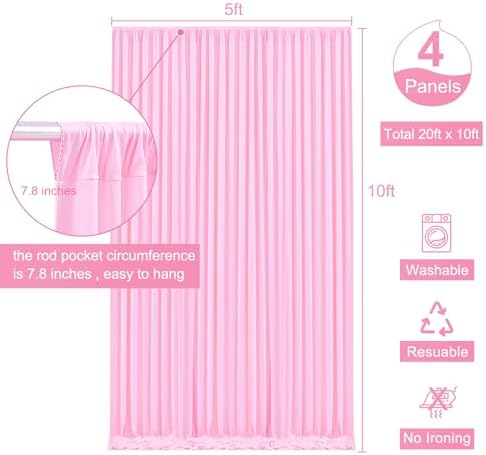 4 Panels Pink Backdrop Curtain for Parties Baby Shower Wrinkle Free Pink Photo Curtains Backdrop Drapes Fabric Decoration for Wedding Birthday Party 20ft(W) x 10ft(H)