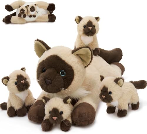 MorisMos Siamese Cat Stuffed Animal, 19" Large Mama Cat with 4 Baby Kittens