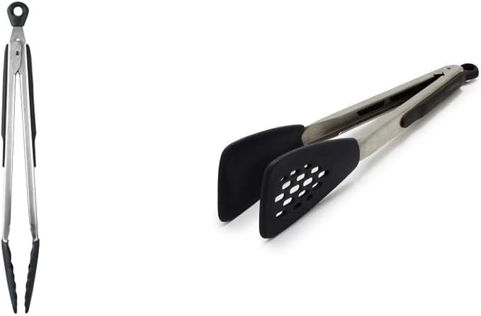 OXO Good Grips 12-Inch Tongs with Silicone Head & Good Grips Silicone Flexible Tongs Stainless,Black,