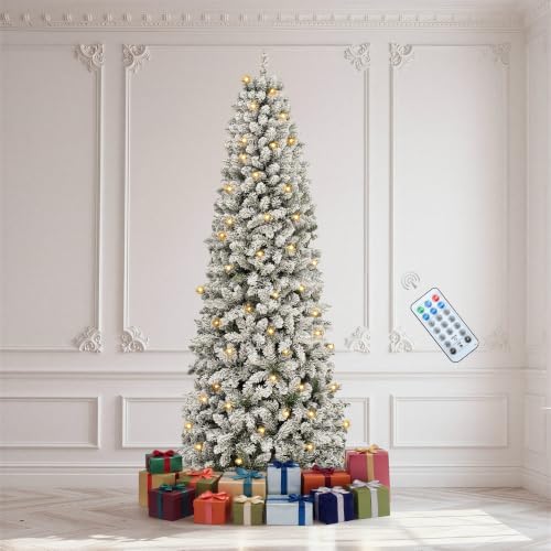DWVO 7.5FT Pre-Lit Flocked Pencil Christmas Tree with 350 Dual-Color LEDs