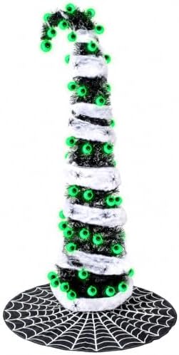 5FT Black Halloween Christmas Tree with 50 Eyeball Lights, Whimsical Pop Up Tree with Tree Skirt Battery Powered Built-in Timer Spider Decorations Stretchable Cobwebs, Indoor Outdoor Spooky Decor