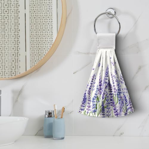 Lavender Kitchen Hanging Towels Set of 2 Purple Floral Hand Towel with Loop Spring Summer Flower Dish Cloth Dry Towel Soft Absorbent Fingertip Bath Tie Towel for Bathroom Farmhouse Decor