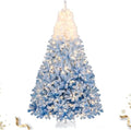 HAPPYGRILL 8 FT Pre-lit Flocked Christmas Tree Blue Hinged Xmas Tree with 1774 Branch Tips, 470 Warm White LED Lights & Folding Metal Stand, for Home Office Carnival