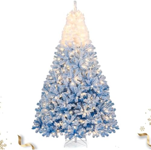 HAPPYGRILL 8 FT Pre-lit Flocked Christmas Tree Blue Hinged Xmas Tree with 1774 Branch Tips, 470 Warm White LED Lights & Folding Metal Stand, for Home Office Carnival