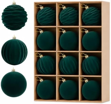 12Pcs Green Velvet Christmas Ornaments 2.36In Balls for Christmas Tree Deco