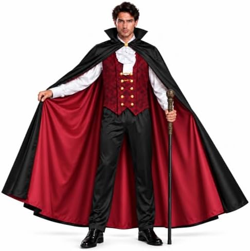 Men's Vampire Costume, Deluxe 4-Piece Dracula Outfit, for Adult Halloween Gothic Party