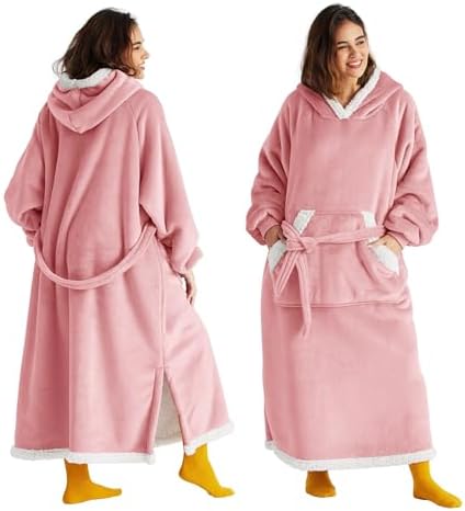 Bedsure Wearable Blanket Hoodie, Long Hooded Blanket Sweatshirt as Christmas Birthday Gifts for Women, Cozy Sherpa Hoodie for Adult, Small, Rose Pink