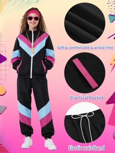 SOMSOC 80s Tracksuit for Men Women Halloween Costume Retro Windbreaker Set Neon 90s Outfit Couple Jogger Suit