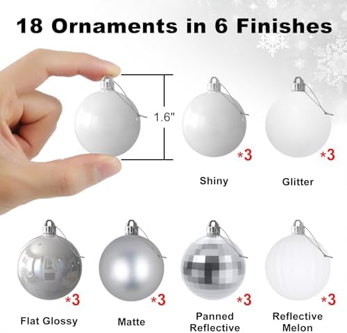 White & Silver 1.6" Small Christmas Balls Christmas Tree Decoration Ornaments Shatterproof Hanging Balls for Birthday Halloween Holiday Wedding Decorations Set of 18pcs