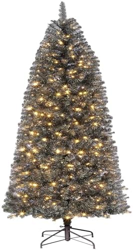GarveeHome 7.5 ft Prelit Black Christmas Tree with Lights Halloween Tree Slim Artificial Halloween Christmas Tree Artificial Pencil Tree Automatic Branches for Home, Office, Party Decoration