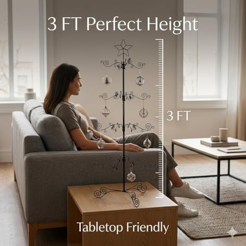 HOHIYA 3 Ft Ornament Display Tree 56-Hook Metal Stand Black