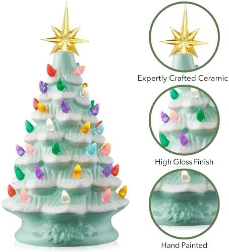 Casafield Hand Painted Ceramic Christmas Tree, Seafoam Snow Flocked 12-Inch Pre-Lit Tree with 100 Multi Color Lights and 2 Star Toppers