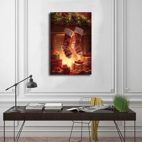 JDBeehpy Christmas Red Knit Stockings Fireplace Wall Art Framed 24x36inch