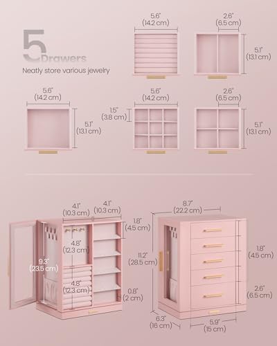 SONGMICS Jewelry Box Organizer, 360° Rotating, 5 Drawers, Jelly Pink