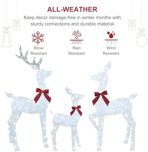 HOYECHI 4 FT Christmas Decorations Outdoor Lighted Reindeer – 3-Piece 2D Deer Family Set with 145 Warm White LED Lights for Yard, Lawn, Garden & Porch Holiday Display - White