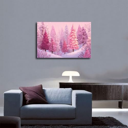 JDBeehpy Snowy Wall Art Pink Pine Forest Canvas Prints Framed 8x12inch