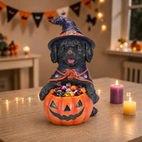 Halloween Black Labrador Witch Puppy Figurine, with Pumpkin Candy Bowl