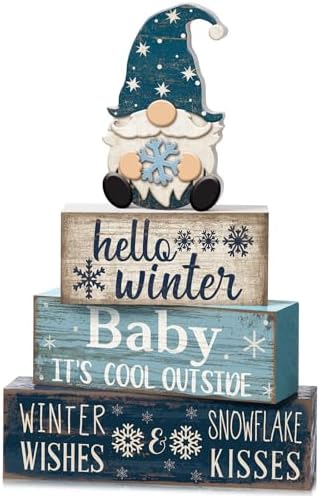 Moucuny 4 Pcs Winter Wood Block Signs Gnome Farmhouse Table Decoration