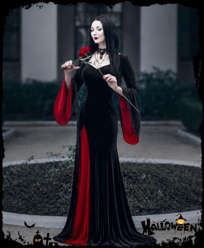 Aileam Morticia Addams Costume Halloween Morticia Addams Dress Gothic Witch Costume Women Velvet Black Outfit Cosplay Party