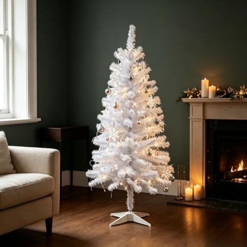 4ft White Mini Artificial Christmas Tree Hinged Design with 100 Battery Powered LED Lights, 202 PVC Tips Small White Xmas Tree for Apartment Corner Office Indoor Holiday Party Decorations
