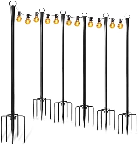 6 Pack String Light Poles for Outside, Adjustable Metal Patio Light Poles
