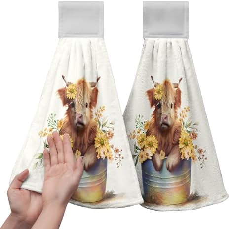 Cute Cow Hanging Kitchen Towels Set of 2 Farm Highland Cattle Daisy Hand Towel with Hanging Loop Rustic Farmhouse Tie Tea Dish Towel Soft Absorbent Fingertip Bath Towel for Bathroom