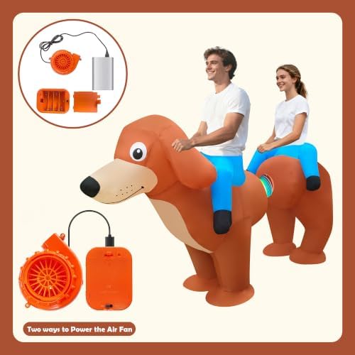 Couple Inflatable Dachshund Costume 2 Person Ride-On Wiener Dog Dural Wearer Sausage Dog Blow Up Suit for Adult,Men Women Halloween Cosplay Outfit, Team-Building Party
