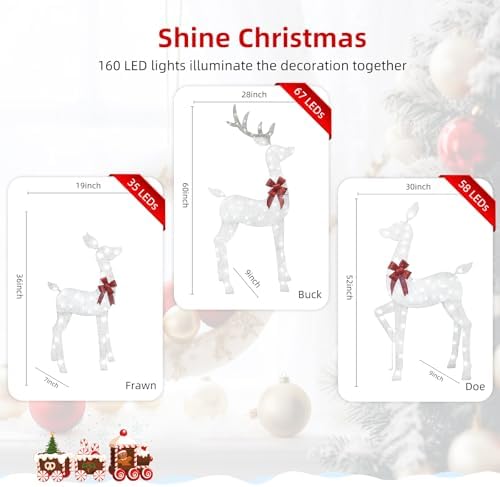 HOYECHI 5 FT Oversized Christmas Decorations Outdoor Lighted Reindeer – 3-Piece 2D Deer Family Set with 160 Warm White LED Lights for Yard, Lawn, Garden & Porch Holiday Display - White