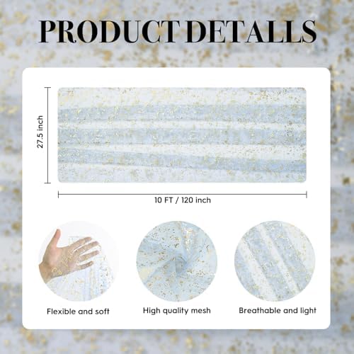 Artoid Mode Gold Gauze Light Blue Table Runner 120 Inch 10FT, Glitter Metallic Foil Sheer Dining Wedding Anniversary Holiday Birthday Table Decor for Home Party