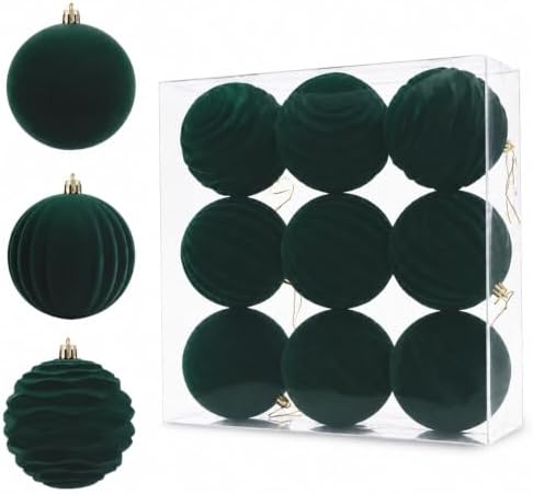 9Pcs Green Velvet Christmas Ornaments 3.94In Balls for Christmas Tree Deco