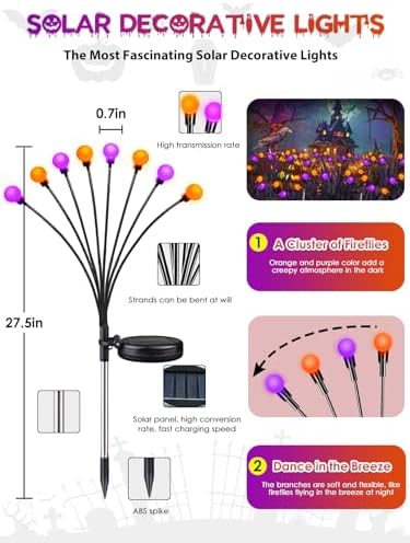 6 Pack Halloween Decorations Outdoor Solar Firefly Lights Orange Purple