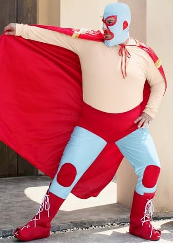Mainfini 5 Pcs Nacho Libre Costume Adult Men Mexican Wrestler Outfit Funny Tshirt Mask Cape Tights Boot Cover (S-3XL)