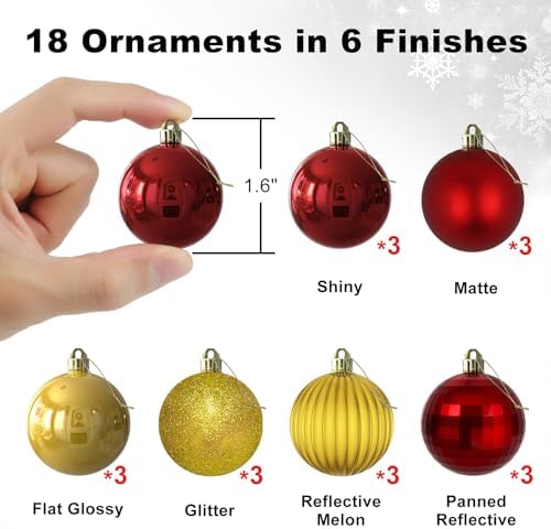 Red & Gold 1.6" Small Christmas Balls Christmas Tree Decoration Ornaments Shatterproof Hanging Balls for Birthday Halloween Holiday Wedding Decorations Set of 18pcs