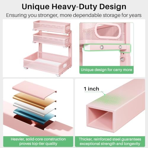 Kitstorack Under Sink Organizer, 2-Pack 3-Tier Height Adjustable Thickened Metal Pull out Cabinet Organizer Shelf, Slide out Storage Drawer Rack for Bathroom Kitchen Pantry Home Organization, Pink