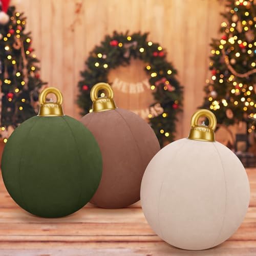 3 Pcs 32 Inch Giant Velvet Christmas Inflatable Balls, Brown, Khaki, Green