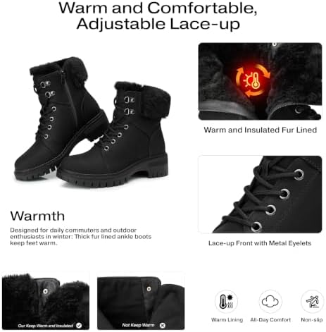 TEMOFON Ankle Boots for Women Winter: Comfortable Lace-up Combat Boot Warm