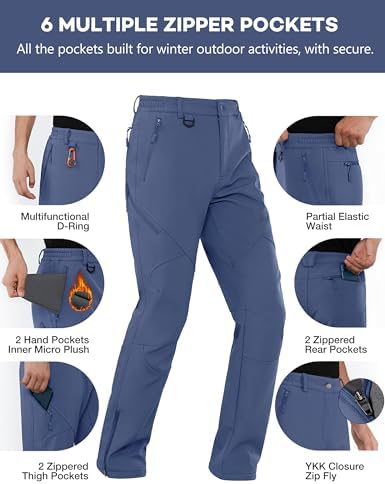 Stlight Mens Snow Ski Water Repellent Softshell Pants for Winter Hiking Fleece Lined Bottom Leg Zipper with 6 Zip Pockets